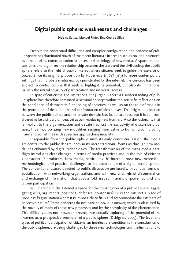 (PDF) Digital public sphere weaknesses and challenges Manuel Pinto