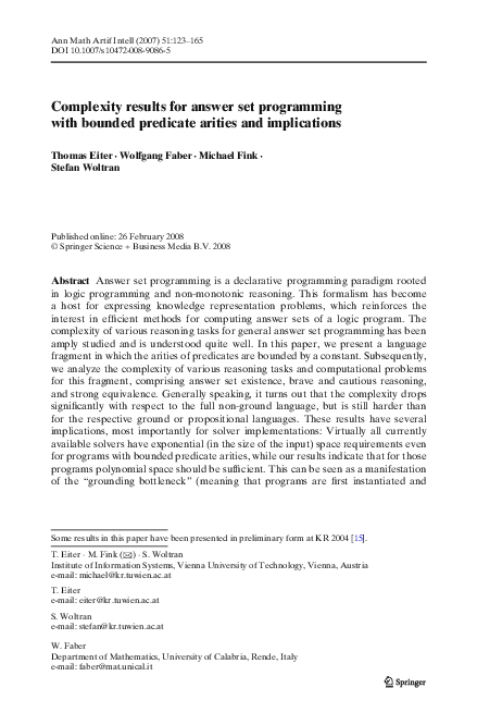(PDF) Complexity results for answer set programming with bounded ...
