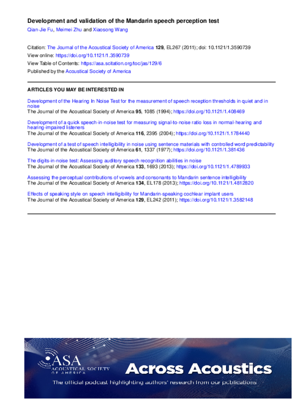 (PDF) Development and validation of the Mandarin speech perception test