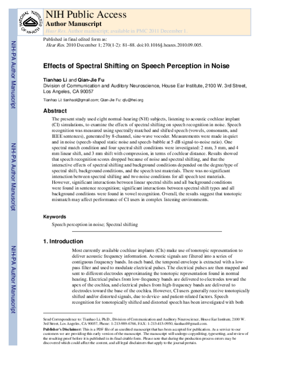 (PDF) Effects of spectral shifting on speech perception in noise