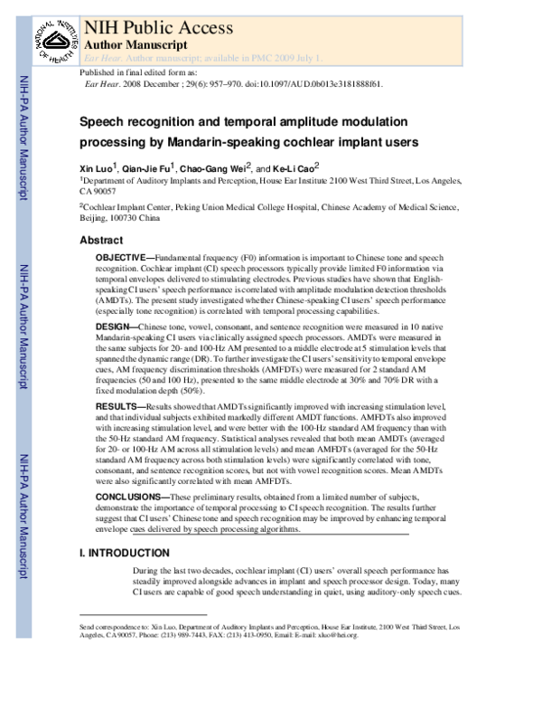 (PDF) Speech Recognition and Temporal Amplitude Modulation Processing ...