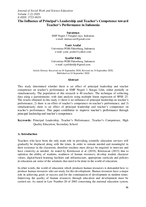 (PDF) The Influence of Principal’s Leadership and Teacher’s Competence ...