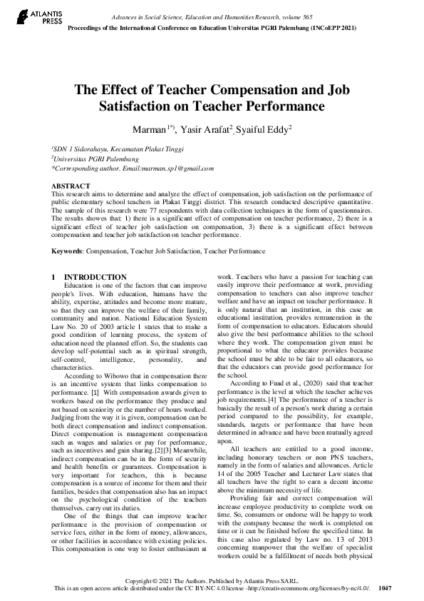 (PDF) The Effect of Teacher Compensation and Job Satisfaction on ...