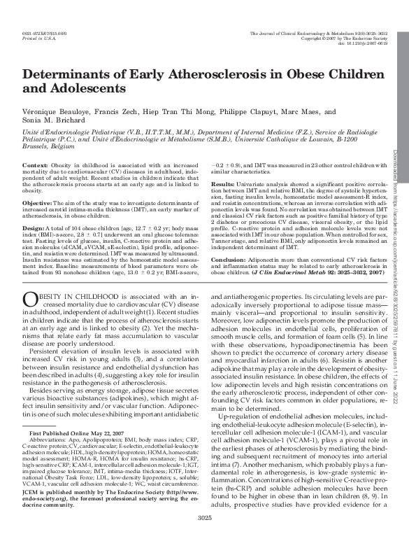 (PDF) Determinants of Early Atherosclerosis in Obese Children and ...