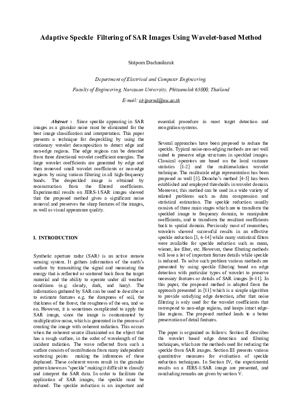 (PDF) Adaptive Speckle Filtering of SAR Images Using Wavelet-based Method