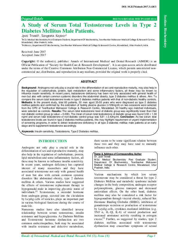 (PDF) A Study of Serum Total Testosterone Levels in Type 2 Diabetes ...