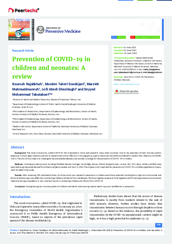 (PDF) Prevention of COVID-19 in children and neonates: A review