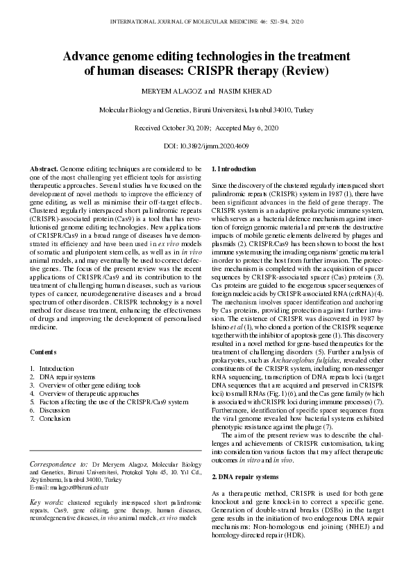 (PDF) Advance genome editing technologies in the treatment of human ...