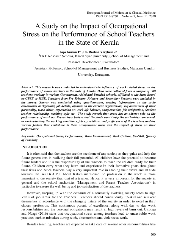 (PDF) A Study on the Impact of Occupational Stress on the Performance ...