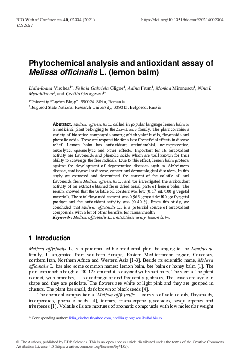 (PDF) Phytochemical analysis and antioxidant assay of Melissa ...