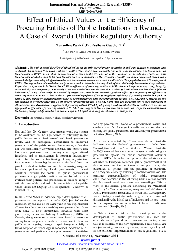 (PDF) Effect of Ethical Values on the Efficiency of Procuring Entities ...