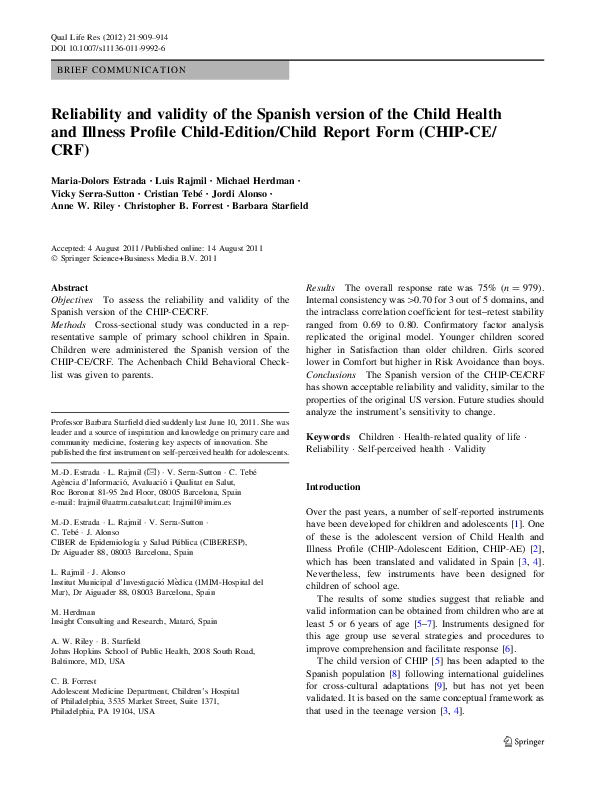 (PDF) Reliability and validity of the Spanish version of the Child ...