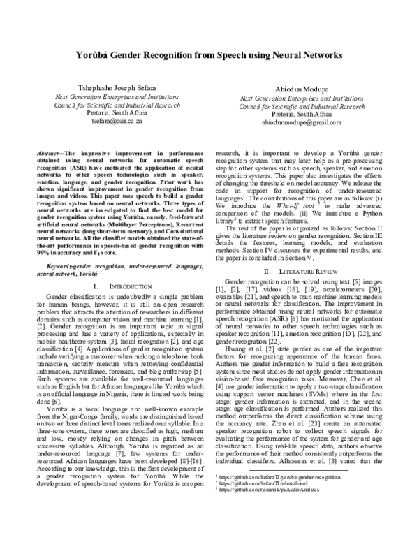 (PDF) Yorùbá Gender Recognition from Speech Using Neural Networks
