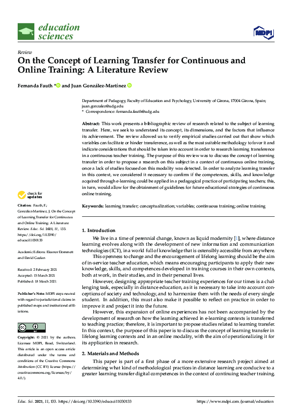 (PDF) On the Concept of Learning Transfer for Continuous and Online ...