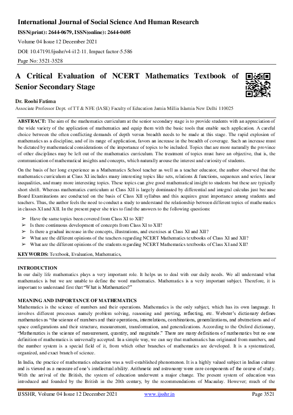 (PDF) A Critical Evaluation of NCERT Mathematics Textbook of Senior ...