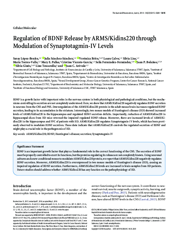 (PDF) Regulation of BDNF release by ARMS/Kidins220 through modulation ...