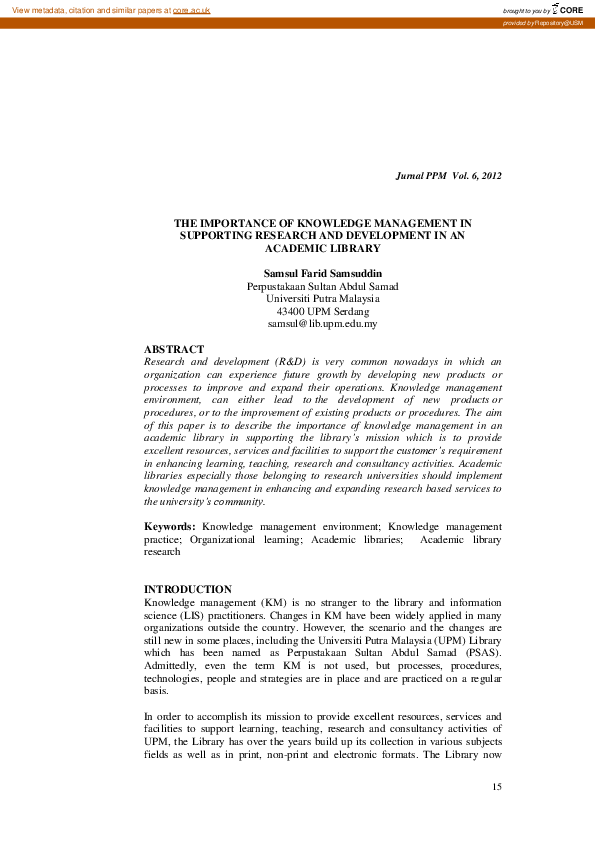 (PDF) The importance of knowledge management in supporting research and ...