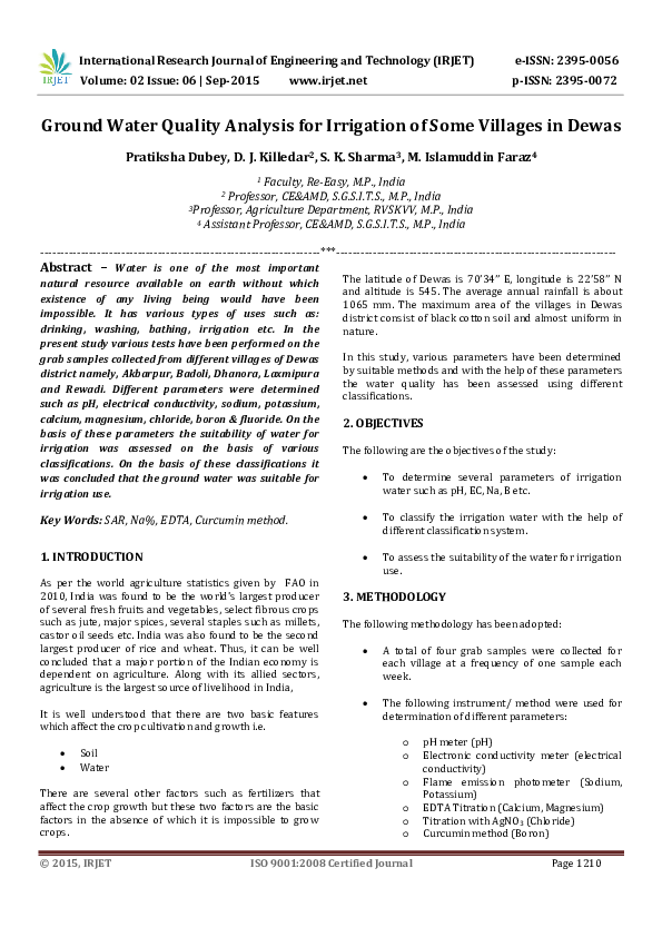 (PDF) Ground Water Quality Analysis for Irrigation of Some Villages in ...