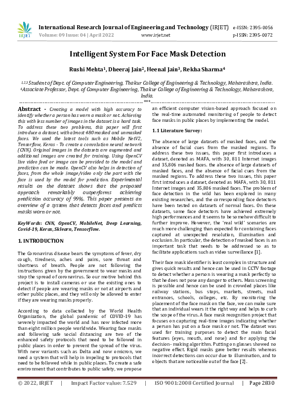 (PDF) Intelligent System For Face Mask Detection IRJET Journal