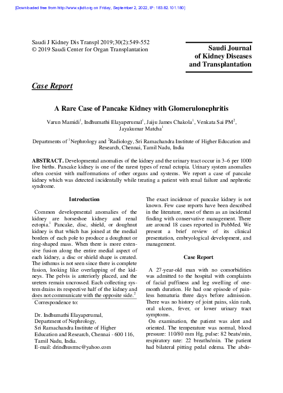 (PDF) A rare case of pancake kidney with glomerulonephritis Dr. P.M. Venkata Sai, Dept. of