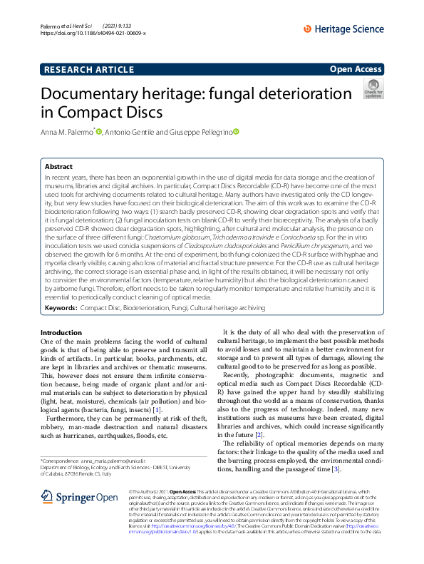 (PDF) Documentary heritage: fungal deterioration in Compact Discs