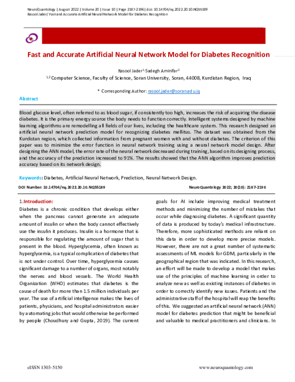 (PDF) Fast and Accurate Artificial Neural Network Model for Diabetes ...