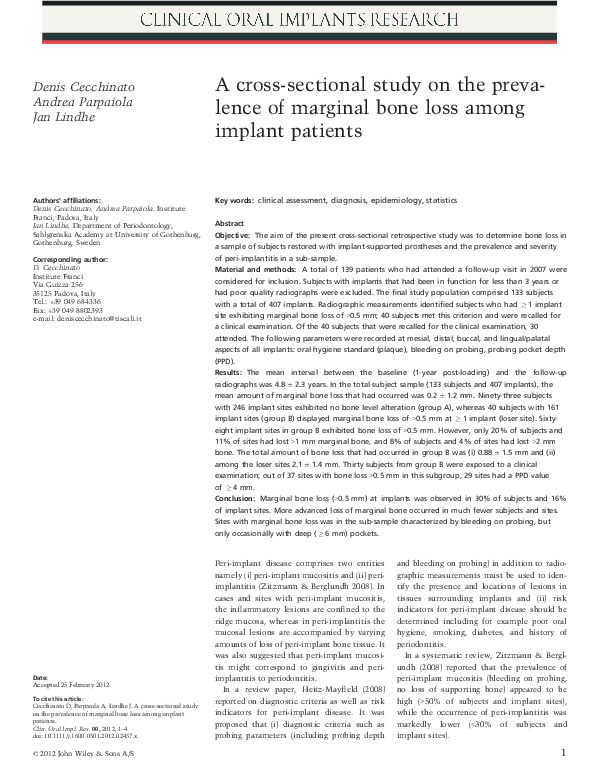 (PDF) A cross-sectional study on the prevalence of marginal bone loss ...