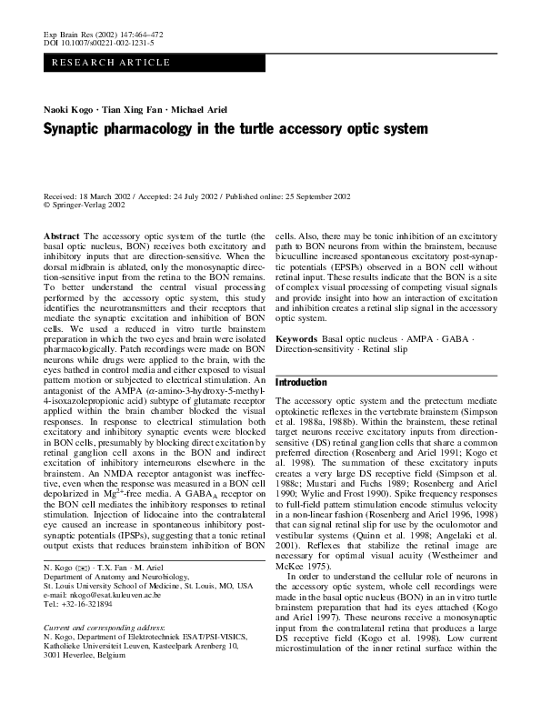 (PDF) Synaptic pharmacology in the turtle accessory optic system