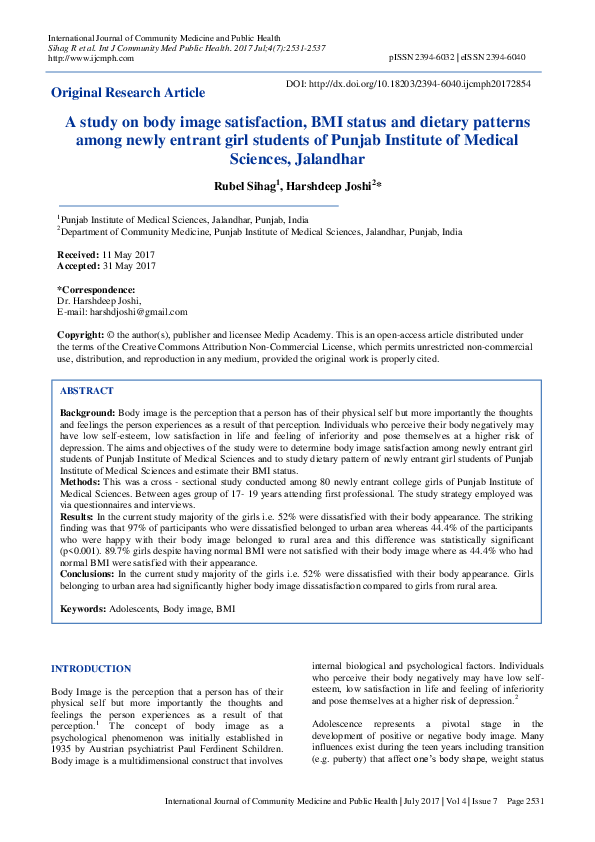 (PDF) A study on body image satisfaction, BMI status and dietary ...