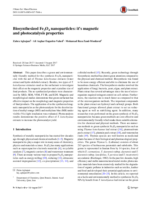 (PDF) Biosynthesized Fe3O4 nanoparticles: it’s magnetic and ...