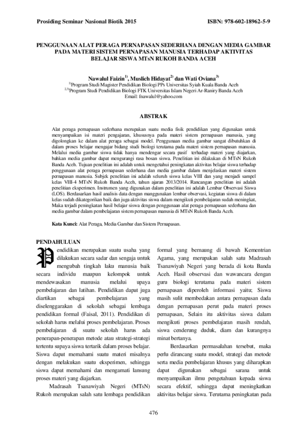 (PDF) PENGGUNAAN ALAT PERAGA PERNAPASAN SEDERHANA DENGAN MEDIA GAMBAR