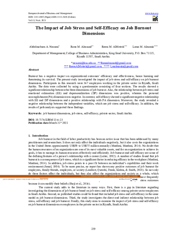 (PDF) The Impact of Job Stress and Self-Efficacy on Job Burnout Dimensions