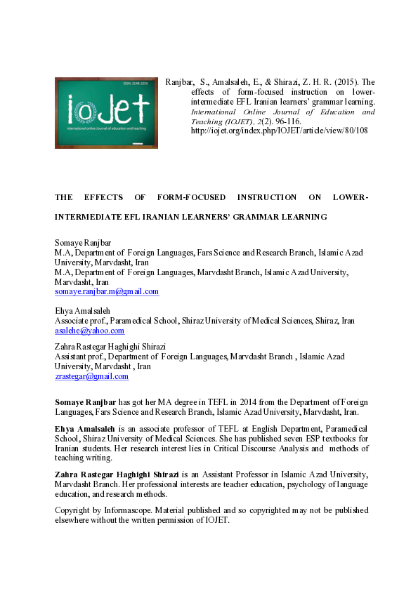 (PDF) The Effects of Form-Focused Instruction on Lower-Intermediate Efl ...