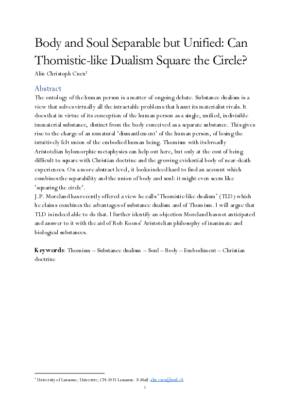 (PDF) Body and Soul Separable but Unified: Can Thomistic-like Dualism ...