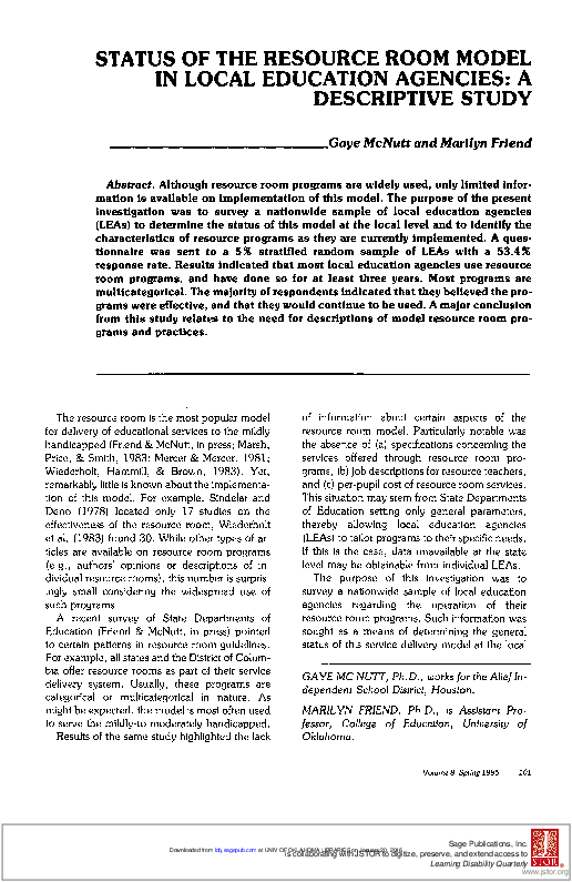 (PDF) Status of the Resource Room Model in Local Education Agencies: A ...