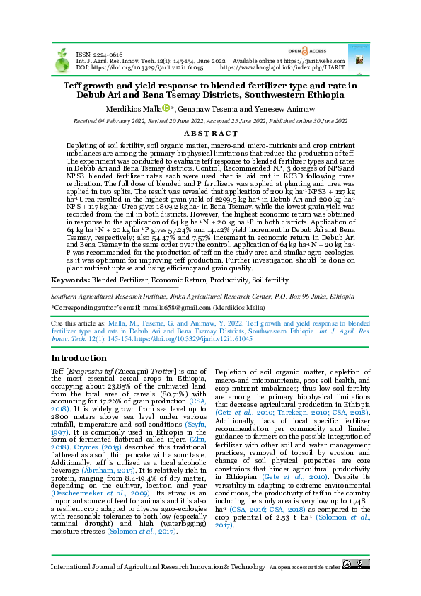 (PDF) Teff growth and yield response to blended fertilizer type and ...