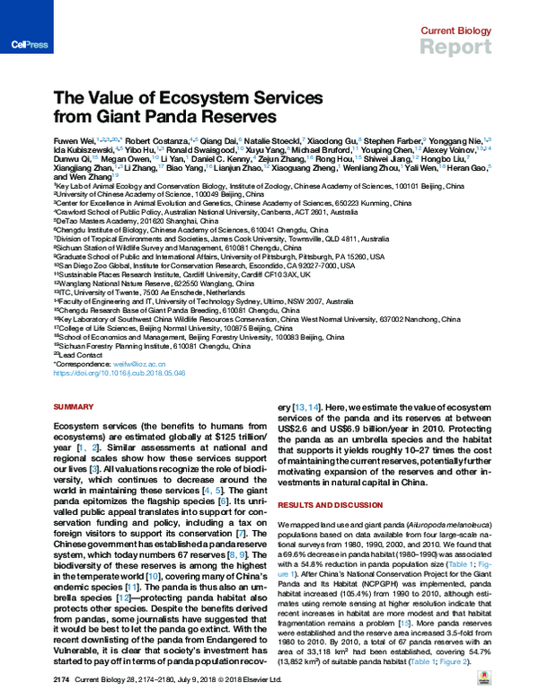  PDF The Value Of Ecosystem Services From Giant Panda Reserves Robert Costanza Academia edu
