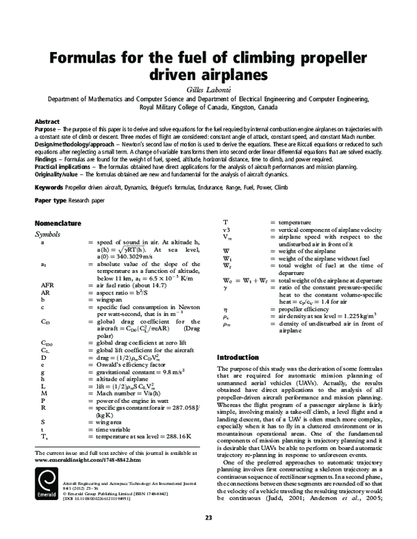 (PDF) Formulas for the fuel of climbing propeller driven airplanes
