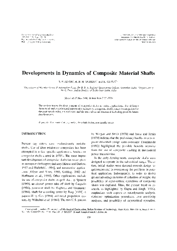 (PDF) Developments in Dynamics of Composite Material Shafts