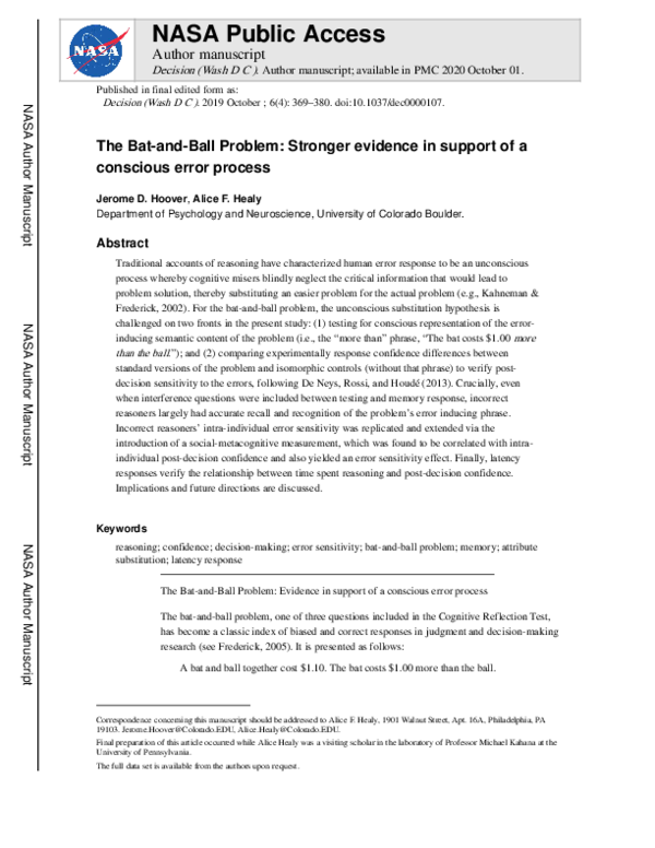 (PDF) The batandball problem Stronger evidence in support of a
