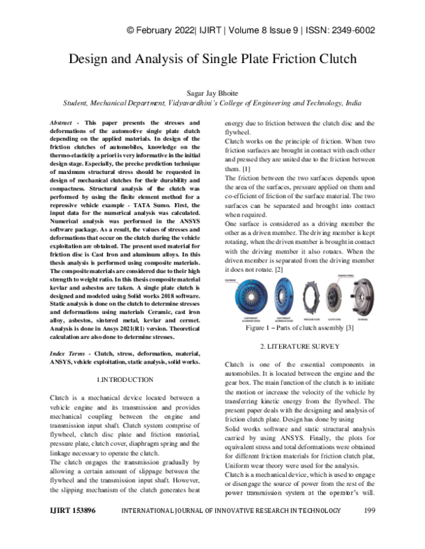 (PDF) Design and Analysis of Single Plate Friction Clutch Sagar