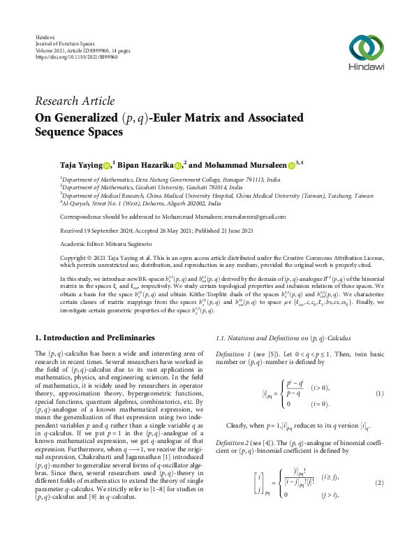 (PDF) On Generalized p , q -Euler Matrix and Associated Sequence Spaces ...