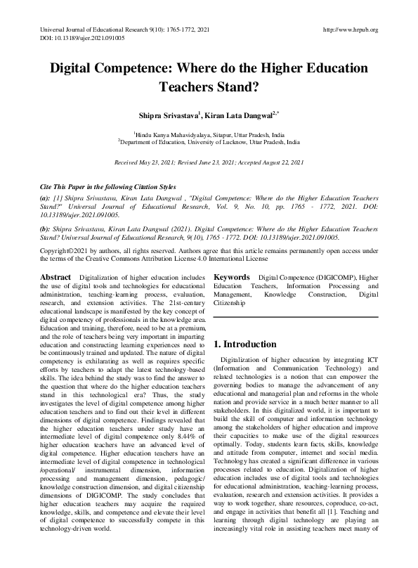 (PDF) Digital Competence: Where do the Higher Education Teachers Stand?