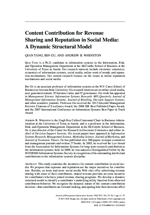 (PDF) Content Contribution for Revenue Sharing and Reputation in Social ...