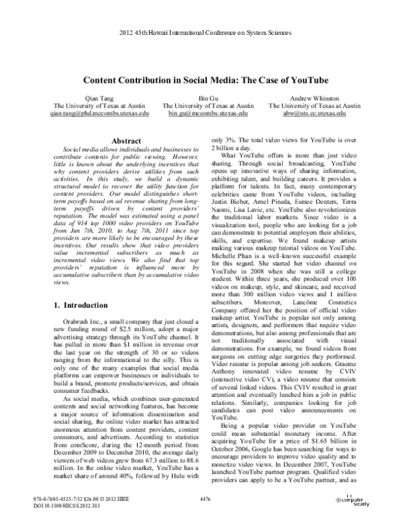 (PDF) Content Contribution in Social Media: The Case of YouTube