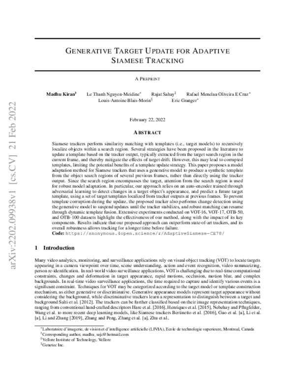 (PDF) Generative Target Update for Adaptive Siamese Tracking Madhu