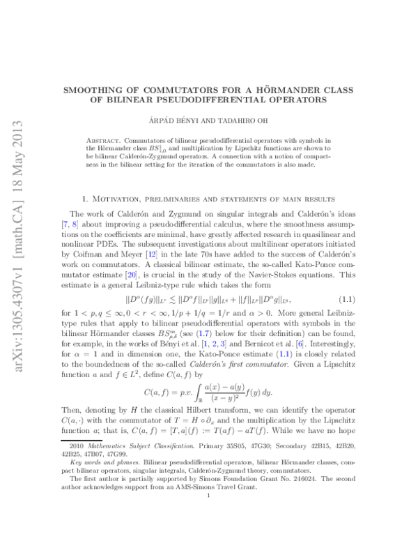 (PDF) Smoothing of Commutators for a Hörmander Class of Bilinear ...