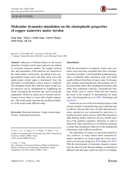 (PDF) Molecular dynamics simulation on the elastoplastic properties of ...