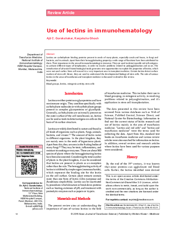 (PDF) Use of lectins in immunohematology