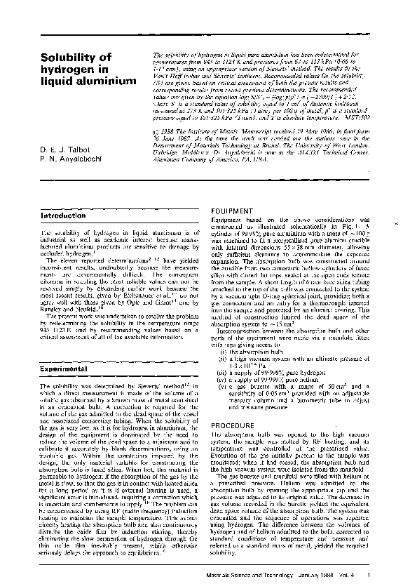 (PDF) Solubility of hydrogen in liquid aluminium
